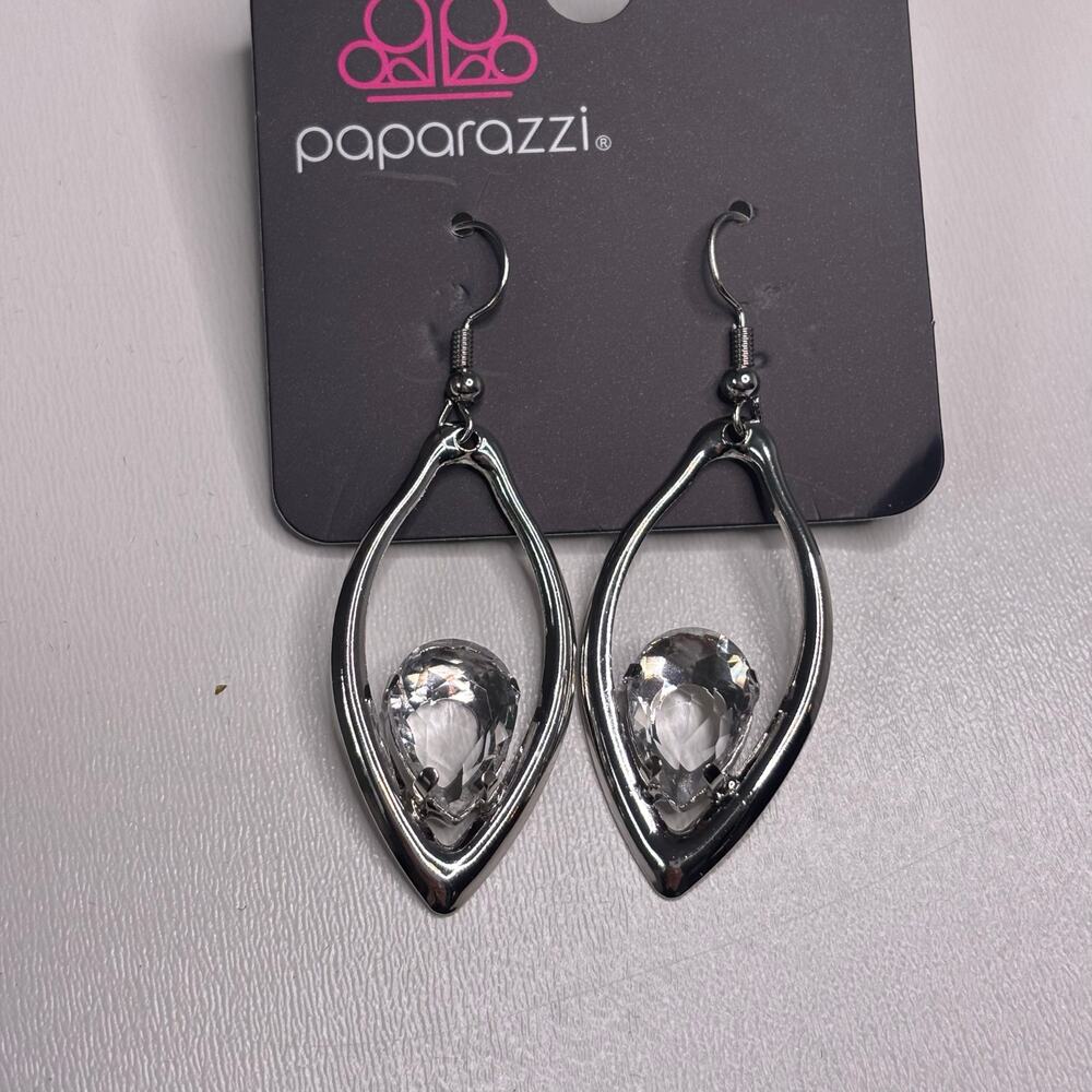 Paparazzi Silver Tone Dangle Drop Earrings Large Clear Stone